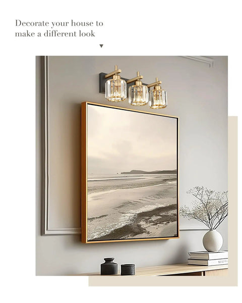 Crystal Vanity Light 3 Light Over Mirror Modern Bathroom Fixture In Polished Gold Finish With K9 Crystal Beads above framed art.