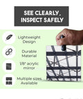 Hand holding Flex Vue Inspection Mirror With Threaded Adapter For Three Quarter Inch Poles, Eight Inch By Ten Inch, One Eighth Inch Acrylic Mirror Swivels 180 Degrees, Durable High Impact Resistance For Tight Corners And Hard To Reach Areas