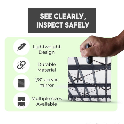 Hand holding Flex Vue Inspection Mirror With Threaded Adapter For Three Quarter Inch Poles, Eight Inch By Ten Inch, One Eighth Inch Acrylic Mirror Swivels 180 Degrees, Durable High Impact Resistance For Tight Corners And Hard To Reach Areas