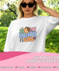 Woman wearing white T-shirt with colorful 'IN MY PUNCH ERA' design, suitable for fabrics like cotton and polyester, outdoors.