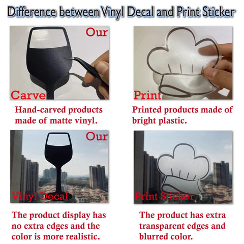 Comparison of vinyl decal and print sticker showing matte vinyl versus bright plastic with different edge clarity.