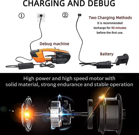 Heavy Duty Automatic Strapping Tool, Rechargeable Battery Powered Packaging Machine charging with battery and debug setup.