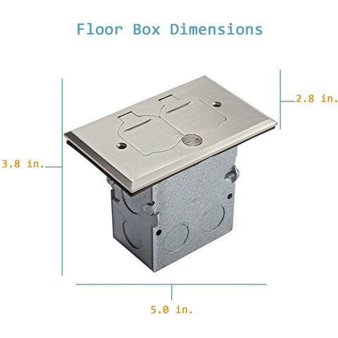 Flip Lid Floor Box Kit With 20A Tamper-Resistant Duplex Outlet, 1-Gang Junction Box, Watertight Gasket, UL Listed dimensions shown