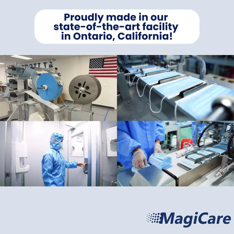 Production facility for Straight Up Super Comfy Blue Disposable Face Masks Made In Usa Medical Grade 3 Ply Astm Level 1 Filtered.