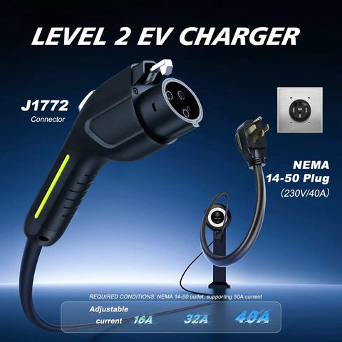 Level 2 EV Charger 40A 9.6kW Fast Wall Home Charging Station with J1772 connector and NEMA 14-50 plug view.