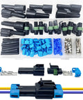 Weather Pack 2 Pin Waterproof Automotive Connector Kit with male and female terminals for 14-12 AWG wire shown with heat shrink