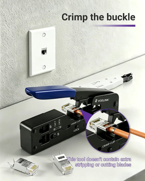 RJ45 Crimp Tool Kit For Pass-Through Ethernet Connectors Cat7 Cat6a Cat6 Cat5e Cat5 Do-It-All Crimper in use on table