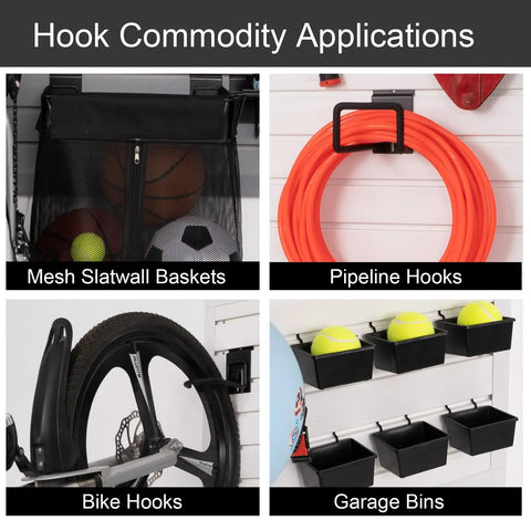 Slatwall Hooks And Accessories Set 14 Pcs Heavy Duty Single And Double Slat Wall Hooks With Metal Hangers Plus Six Slatwall Bins And A Zippered Wall Basket For Garage Shop Retail Displays And Efficient Storage