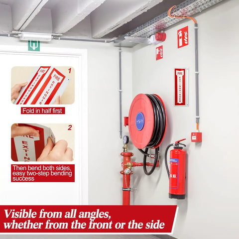 3D Fire Extinguisher Sign With Arrow Down Aluminum Panel Wall Projection Pre Drilled Mounting Holes With Screws And Washers Included Easy To Install For Home Office Biz Use Bright And Visible From All Angles in a workplace setting.