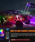 ATV with Lit 3Ft RGB LED Whip Light And Four Pack Rock Lights Kit, shown at night with Bluetooth app and remote control.