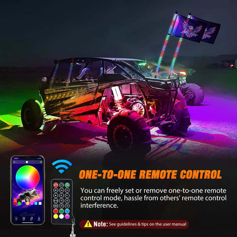 ATV with Lit 3Ft RGB LED Whip Light And Four Pack Rock Lights Kit, shown at night with Bluetooth app and remote control.