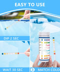 Smooth Eight In One Salt Water Pool Testing Kit With 125 Fast Action Strips, process image showing test strip usage steps.