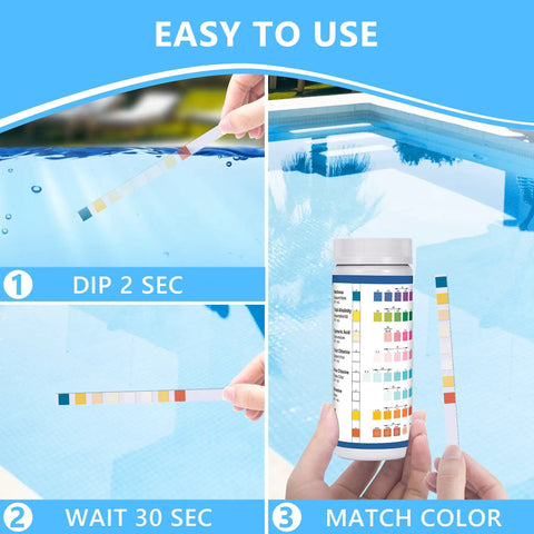 Smooth Eight In One Salt Water Pool Testing Kit With 125 Fast Action Strips, process image showing test strip usage steps.