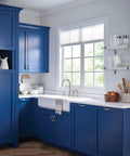 Top Shelf High Arc Kitchen Faucet With Spot Resist Stainless Finish and Smooth One Handle Design To Make Kitchen Chores An Absolute Breeze On Your Counter in modern blue kitchen.