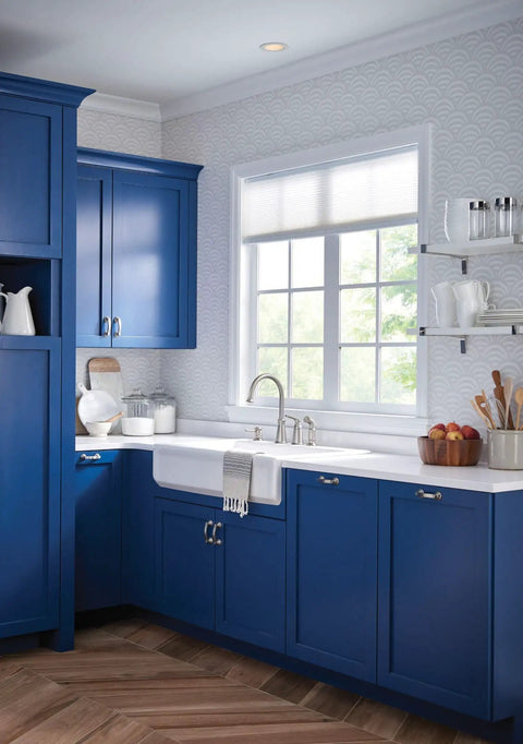 Top Shelf High Arc Kitchen Faucet With Spot Resist Stainless Finish and Smooth One Handle Design To Make Kitchen Chores An Absolute Breeze On Your Counter in modern blue kitchen.