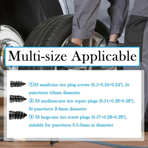 Multi-size screws in All In One Tire Repair Kit With 100 Pcs Rubber Nails And 3 Plug Sizes For Quick Puncture Fixes