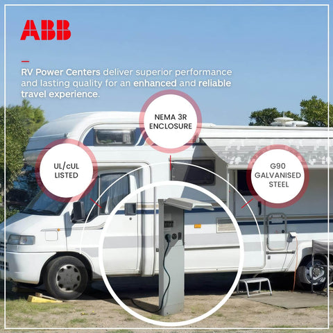 Weatherproof Single-Unit RV Power Outlet 100A Unmetered NEMA 3R Surface-Mount Box with 50A/30A/20A Breakers installed in RV area