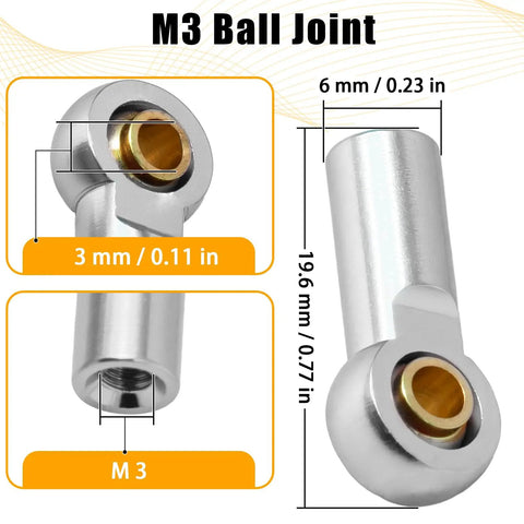Dimensions of Beefy Aluminum M3 Tie Rod End Ball Joint Link for RC Cars, showing size and CNC-machined finish.