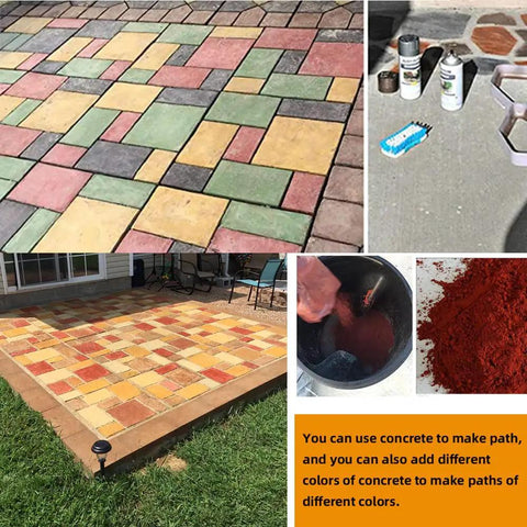Colorful concrete paths created with Plus Size 20 By 20 Inch Concrete Path Maker Mold Reusable Walk Maker for garden and patio DIY setup