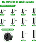 Top Rated M3 Machine Screws Kit With 178 Black Countersunk Flat Head Bolts For 3D Printer Builds listing screw sizes and quantities.