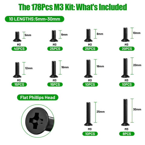 Top Rated M3 Machine Screws Kit With 178 Black Countersunk Flat Head Bolts For 3D Printer Builds listing screw sizes and quantities.