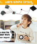 Child using DIY Bluetooth Speaker And FM Radio Kit For Kids Aged 8 To 12 Dope STEM Projects with circuit illustration.