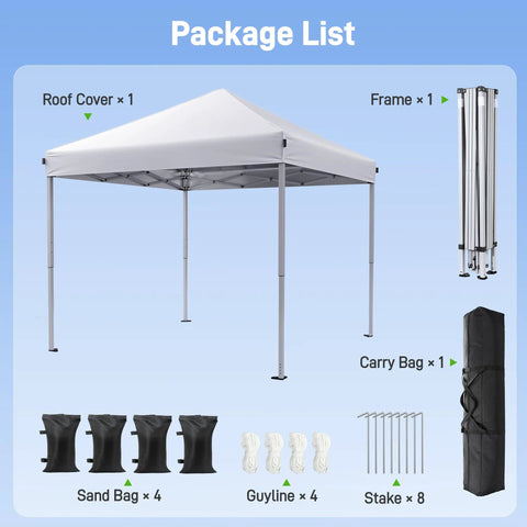One Button Quick Setup 10x10 Pop Up Canopy With Carry Bag Portable Instant Shade Tent For Outdoor Events Parties Camping Includes 4 Sandbags And 8 Stakes White package list