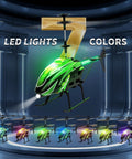 Kids RC Helicopter With 8 Light Modes And Easy Controls, 26 Minute Flight, Green, showing colorful LED light display.