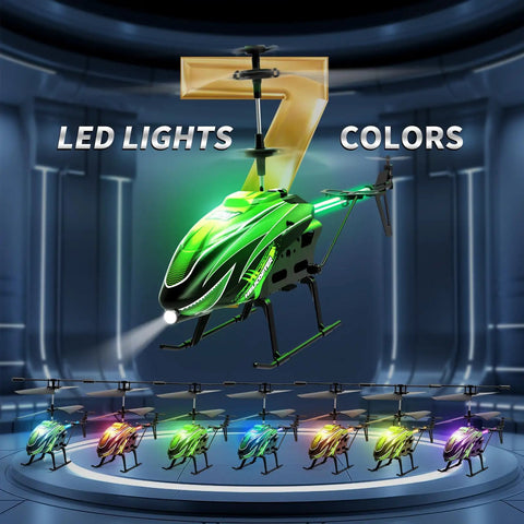 Kids RC Helicopter With 8 Light Modes And Easy Controls, 26 Minute Flight, Green, showing colorful LED light display.