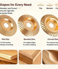 All In One Woodworking Disc Kit for 4 Inch or 4 and a Half Inch Angle Grinders with flat, beveled, and curved carving discs