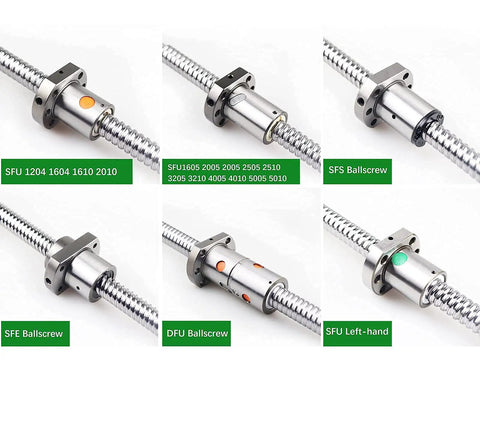 Heavy Duty 25mm Anti Backlash Ball Screw Kit With C7 Precision Metal Nut EF20 Bearing Blocks And Flex Coupling For Tight Tolerance Cnc Routers Runs Like Butter, several ball screw types and nuts displayed.