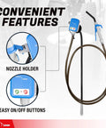 Convenient features of Badass Electric Drum Pump for 55 Gallon Barrels, showing nozzle holder and easy on/off buttons.