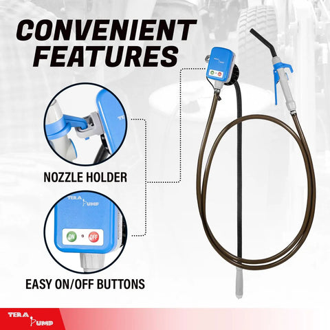 Convenient features of Badass Electric Drum Pump for 55 Gallon Barrels, showing nozzle holder and easy on/off buttons.
