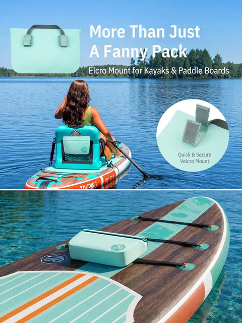 IPX7 Waterproof Fanny Pack With Magnetic One Hand Closure Dry Bag on paddleboard, showcasing hands-free Velcro mount on water