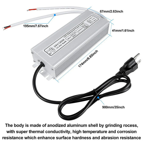 LED Power Brick 24V 120W IP67 Waterproof All Weather Outdoor Driver for LED Lighting Projects with dimensions and plug