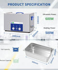 Top Notch Dk Sonic 30L Ultrasonic Cleaner 600W showing product dimensions and specs for effective deep cleaning of parts.