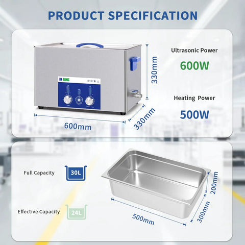 Top Notch Dk Sonic 30L Ultrasonic Cleaner 600W showing product dimensions and specs for effective deep cleaning of parts.