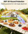 4 Pack Food Table Fans With 2000mAh Rechargeable Battery on outdoor table with food and tent in background