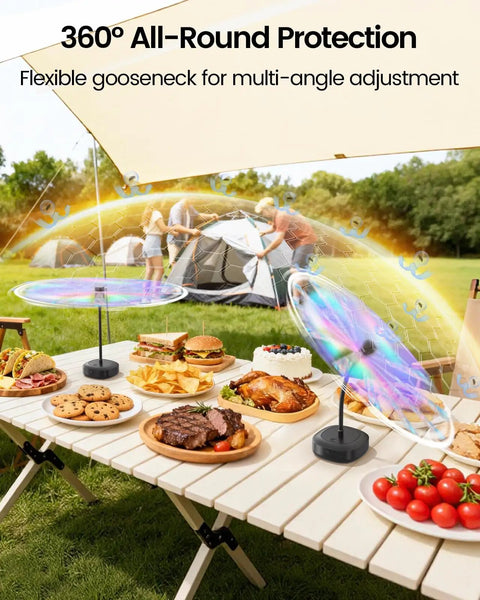 4 Pack Food Table Fans With 2000mAh Rechargeable Battery on outdoor table with food and tent in background