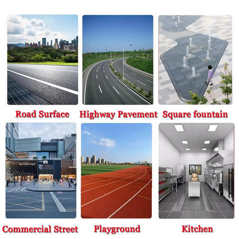 Image collage showcasing road surface, highway pavement, square fountain, commercial street, playground, and kitchen settings.