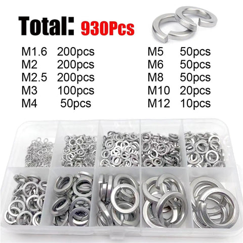 930 Pieces Stainless Steel Split Lock Washer Assortment Kit M1.6 Through M12 304 A2 Grade With Elastic Gasket Box Keep Nuts And Bolts From Loosening Under Vibration And Torque Go To Auto And DIY Hardware Set, assorted washers in storage box