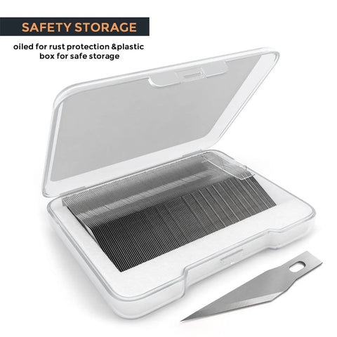 Open case with SK5 steel blades from 123 Piece Hobby Knife Set With 3 Carving Craft Knives And 120 Size 11 SK5 High Carbon Steel Blades Refills.