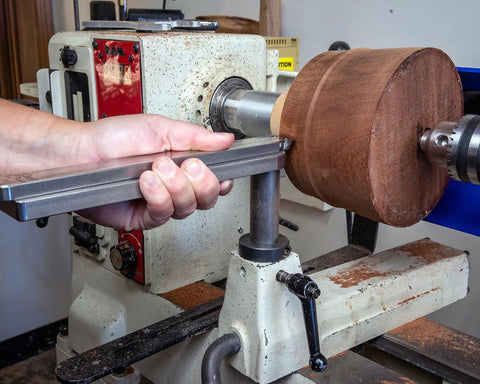 Pro Grade Stainless Steel CNC Machined Woodturning Tool Rest Platform With Solid Post And Collar For Scrapers And Turning Tools 1 Inch Post 9 Inch Wide Rest USA Made And Available In 5, 7, Or 9 Inch Length For Hollowing used on a lathe with wood block
