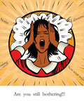 Comic-style illustration of a woman clutching her head in frustration with words like 'Noise' and 'Grating' around her.