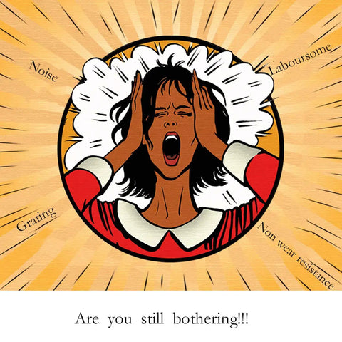 Comic-style illustration of a woman clutching her head in frustration with words like 'Noise' and 'Grating' around her.