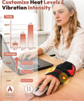 Person using No Cords Red Light Therapy Wearable Wrist Massager With Infrared Heating Pad And Vibration at a desk, temp chart visible