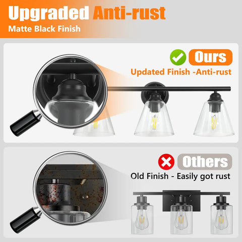Illustration comparing Farmhouse Modern Vanity Light Fixture Matte Black Rustic Wall Sconce with anti-rust upgrade to older rust-prone version.