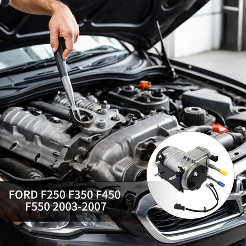 Mechanic working on engine with Drop-In Fuel Pump Assembly For Ford Super Duty F250 F350 F450 F550 And Excursion 2003 2007 6.0L V8 Replacement inset.