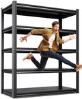 Man jumping through 71.2 Inch Tall Beefy Heavy Duty Garage Shelving Unit With 2500 Lb Load Capacity Adjustable Five Tier Metal Standing Shelves