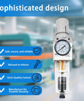 Quarter Inch NPT Compressed Air Filter Regulator Combo Piggyback With Water And Oil Trap Separator, 0-150 PSI Gauge, Auto Drain